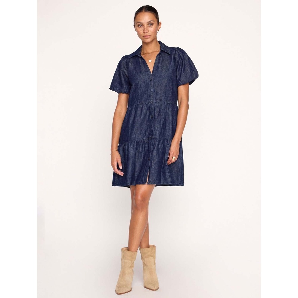 Brochu Walker Tiered Denim Mini Dress Dark Wash Indigo Short Sleeve Small